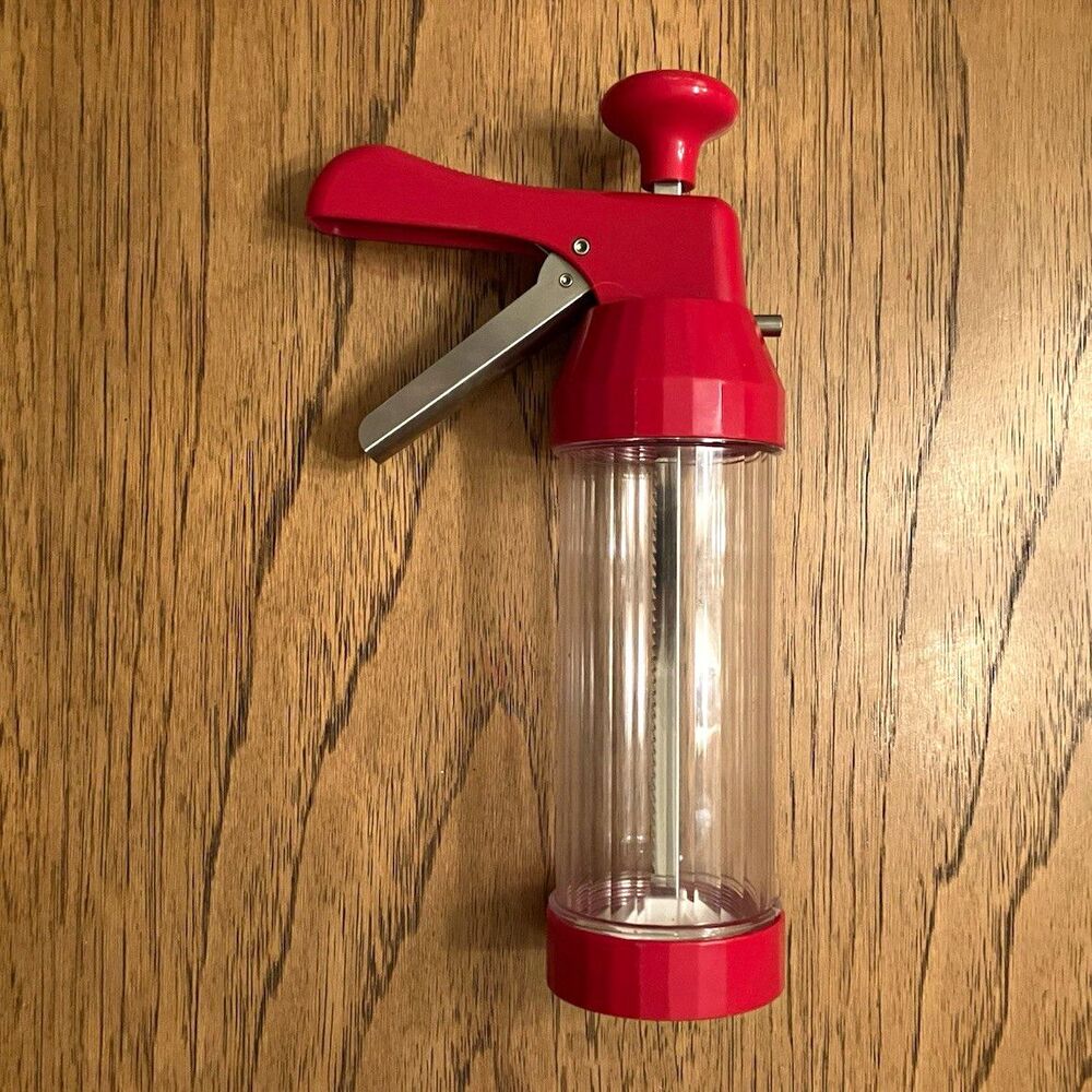 Red Clear Plastic Cookie Press w/ Metal Handle, Cylindrical Standard Size